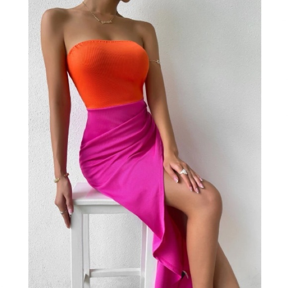 Boho color block slit thigh tube dress - Picture 6 of 7